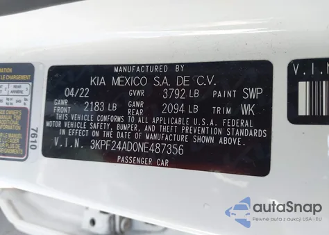 2022 Kia Forte Lxs z USA, uszkodzony, nr VIN 3KPF24AD0NE487356
